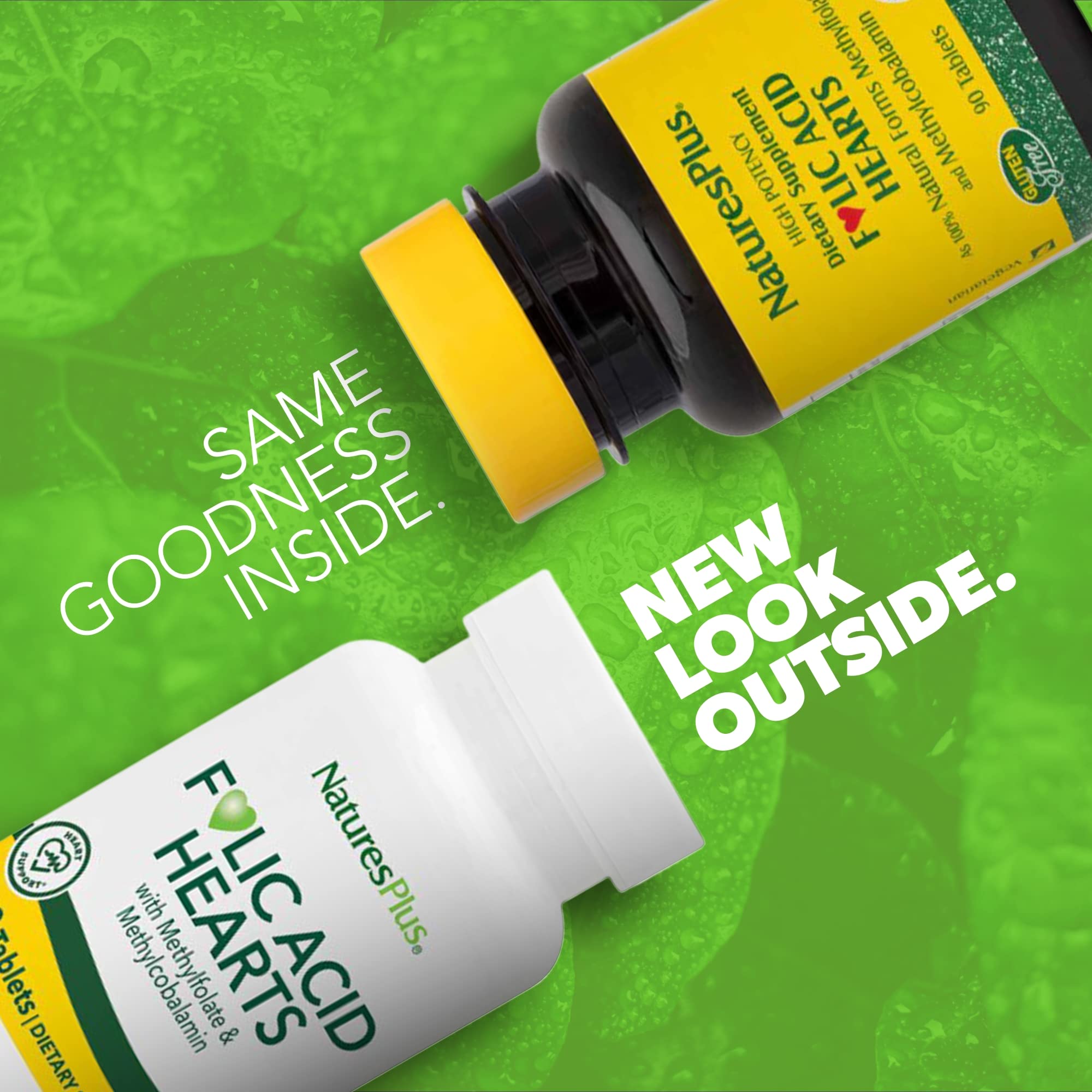 NaturesPlus Folic Acid Hearts heart-shaped tablets emphasize heart health and balance.