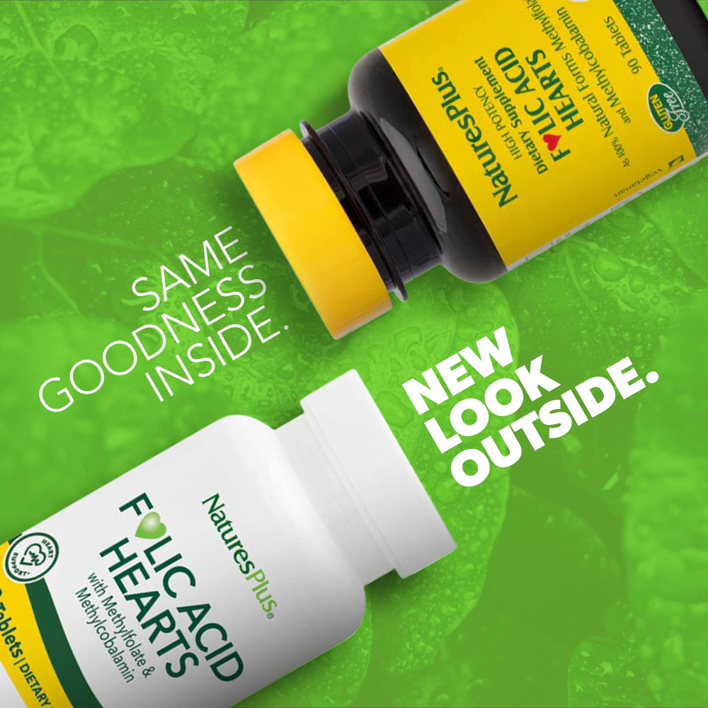 NaturesPlus Folic Acid Hearts heart-shaped tablets emphasize heart health and balance.
