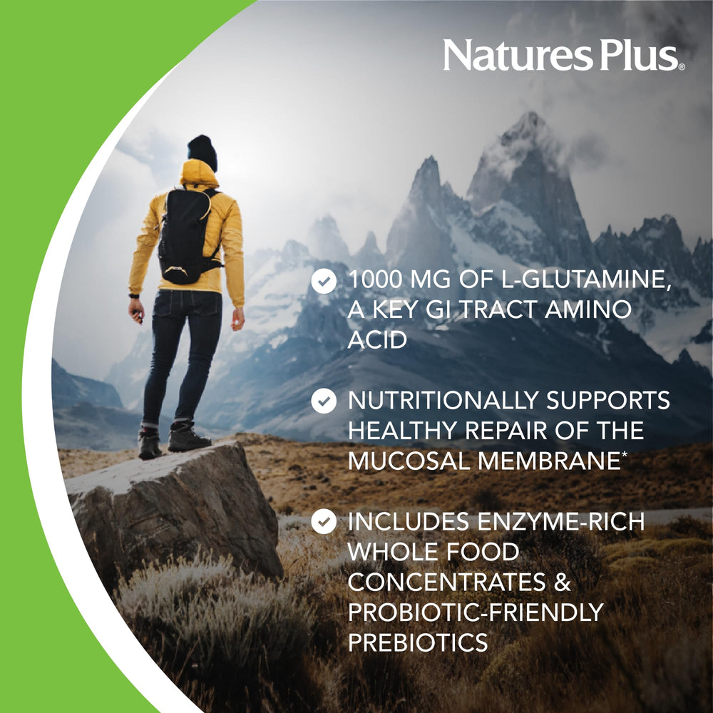 Nature's Plus GI Natural ingredients blend showing prebiotics and probiotics for daily balance