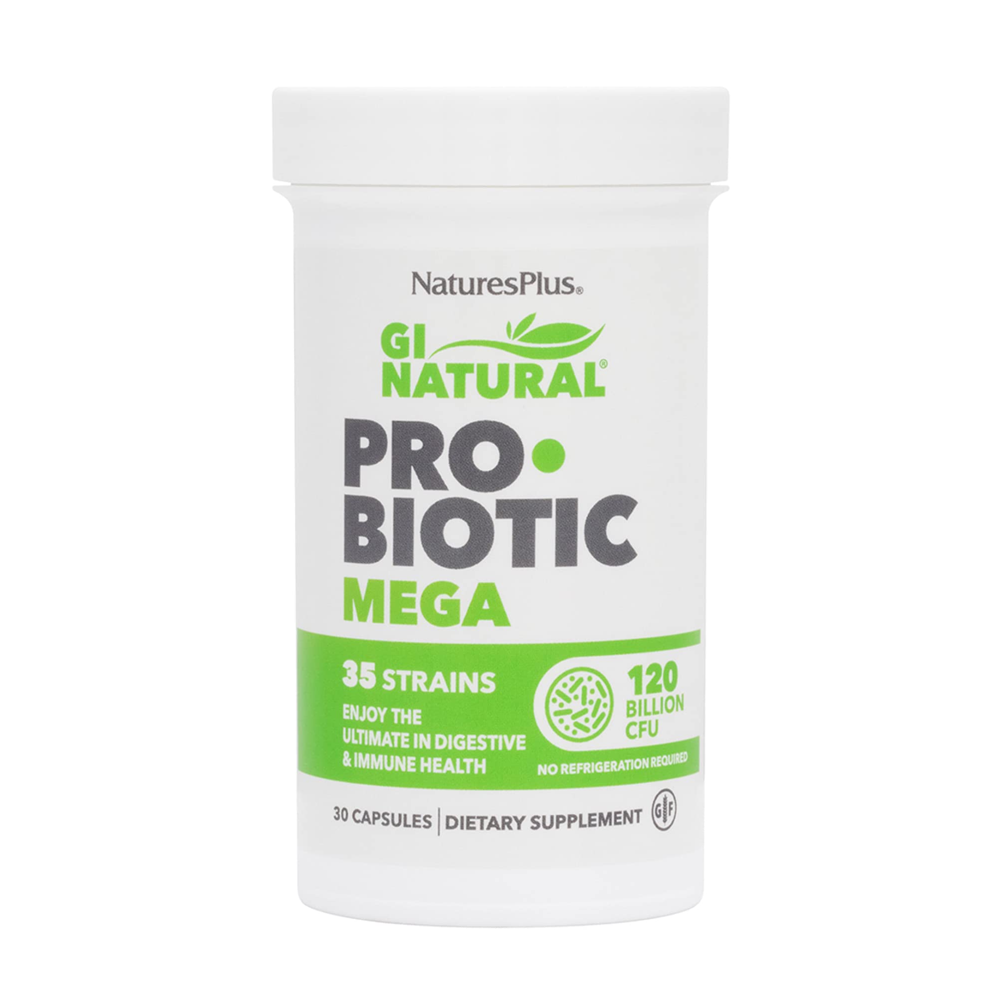 Nature's Plus GI Natural Probiotic Mega bottle showing 120B CFU and 35 strains for daily digestion support.