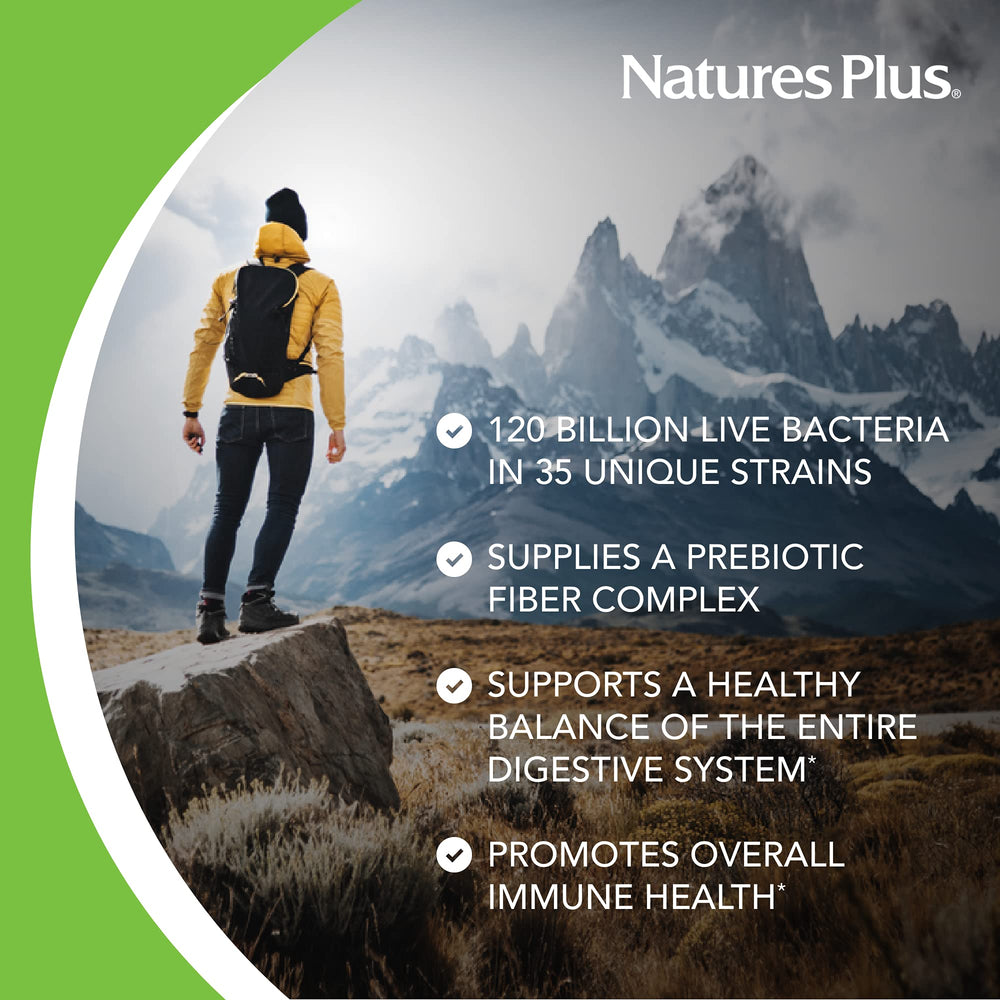 Nature's Plus GI Natural Probiotic Mega held in hands for easy daily use on the go.