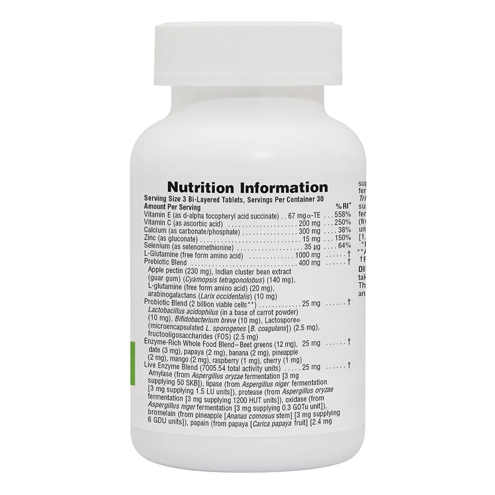 Close up of NaturesPlus GI Natural tablets highlighting bi layered design.