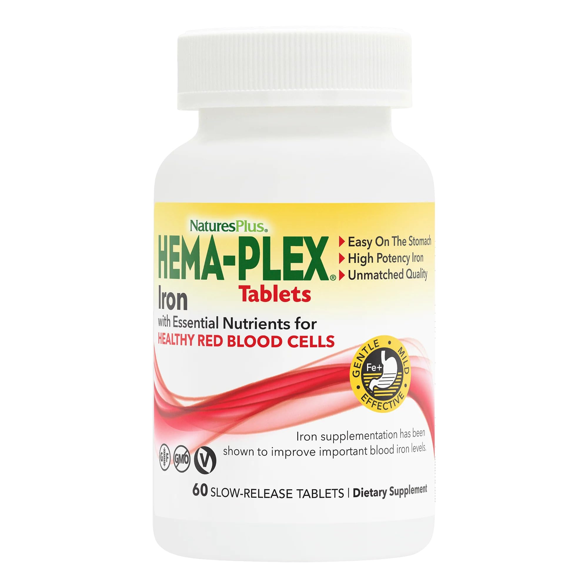 NaturesPlus Hema-Plex Iron capsules in bottle, easy daily supplement for iron support.