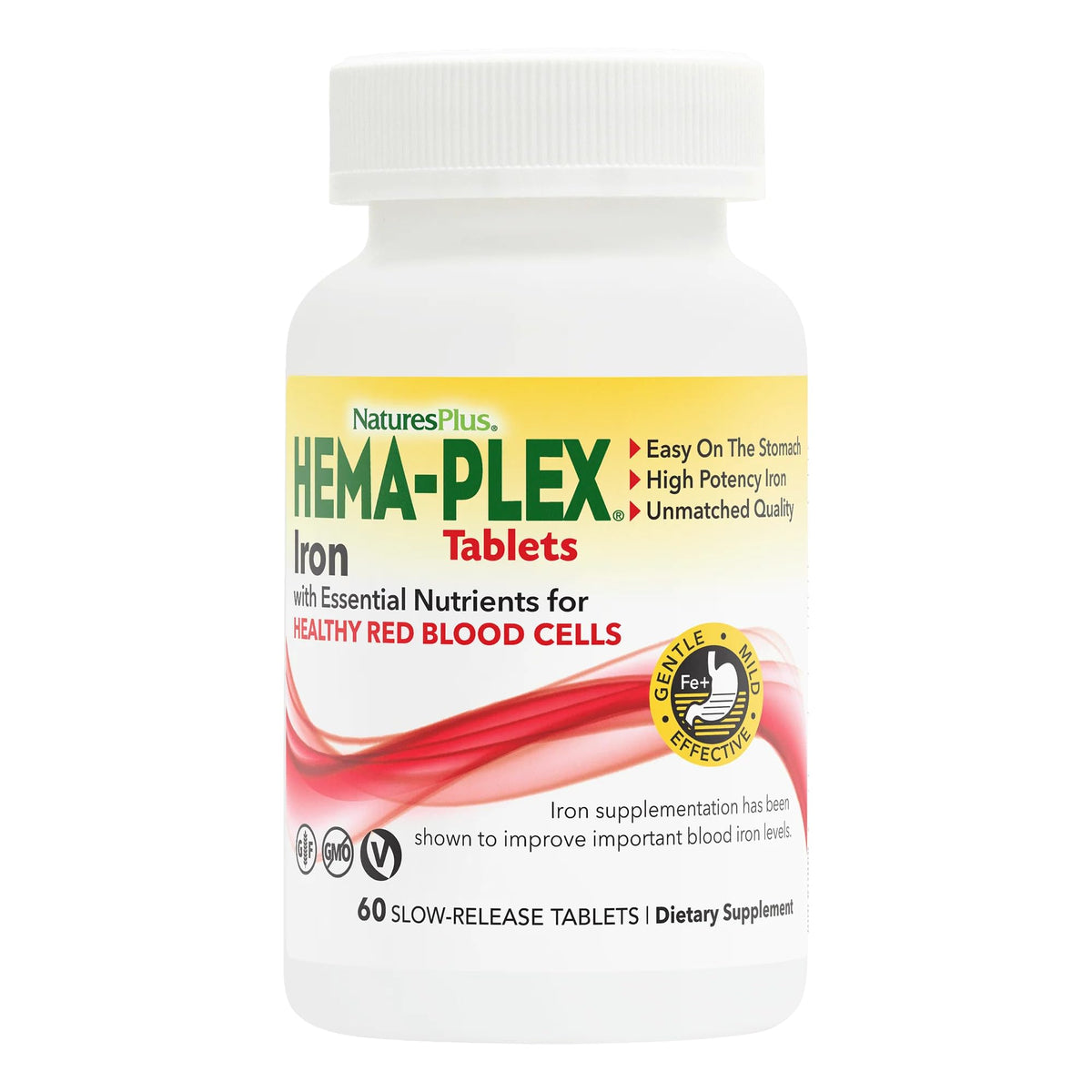 NaturesPlus Hema-Plex Iron capsules in bottle, easy daily supplement for iron support.