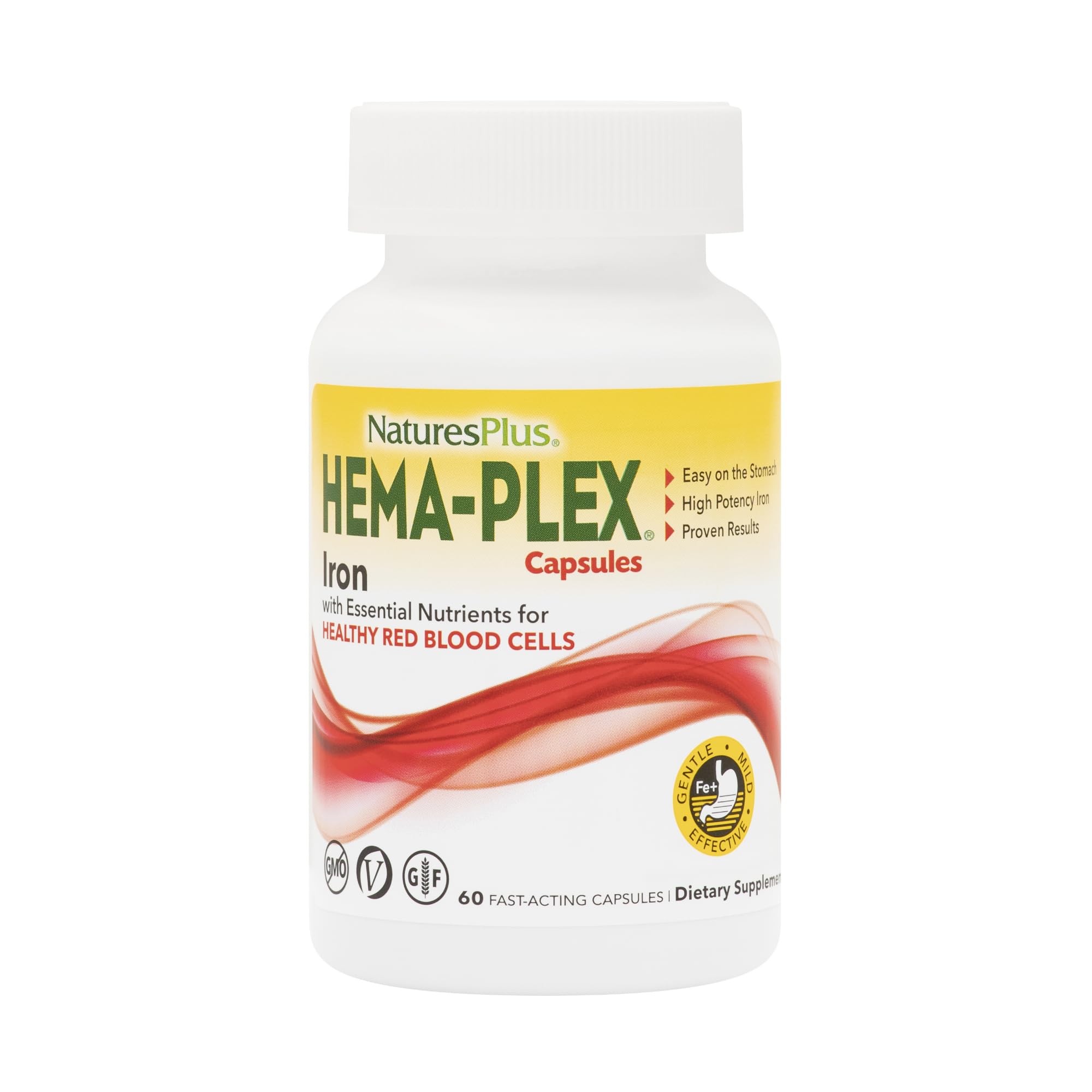 NaturesPlus Hema-Plex Iron bottle on shelf supporting healthy red blood cells
