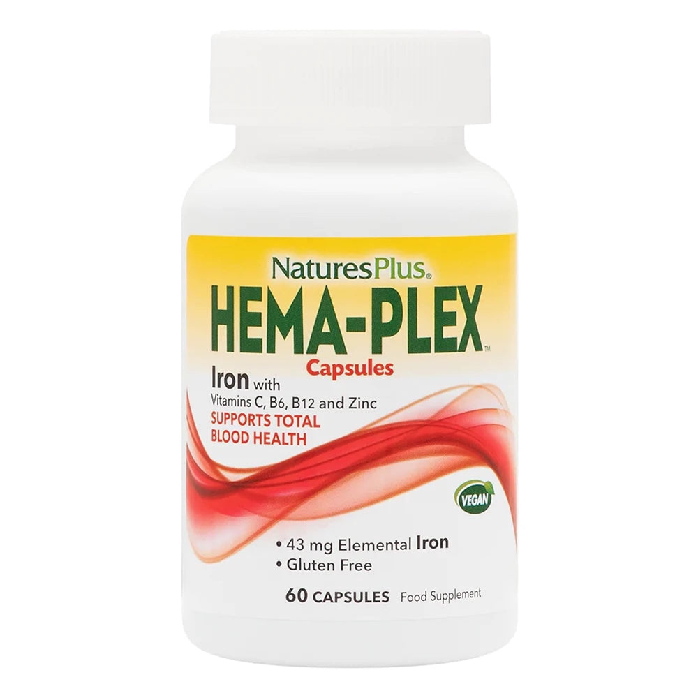 NaturesPlus Hema-Plex Iron bottle with capsules for daily iron support.