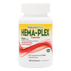NaturesPlus Hema-Plex Iron bottle with capsules for daily iron support.
