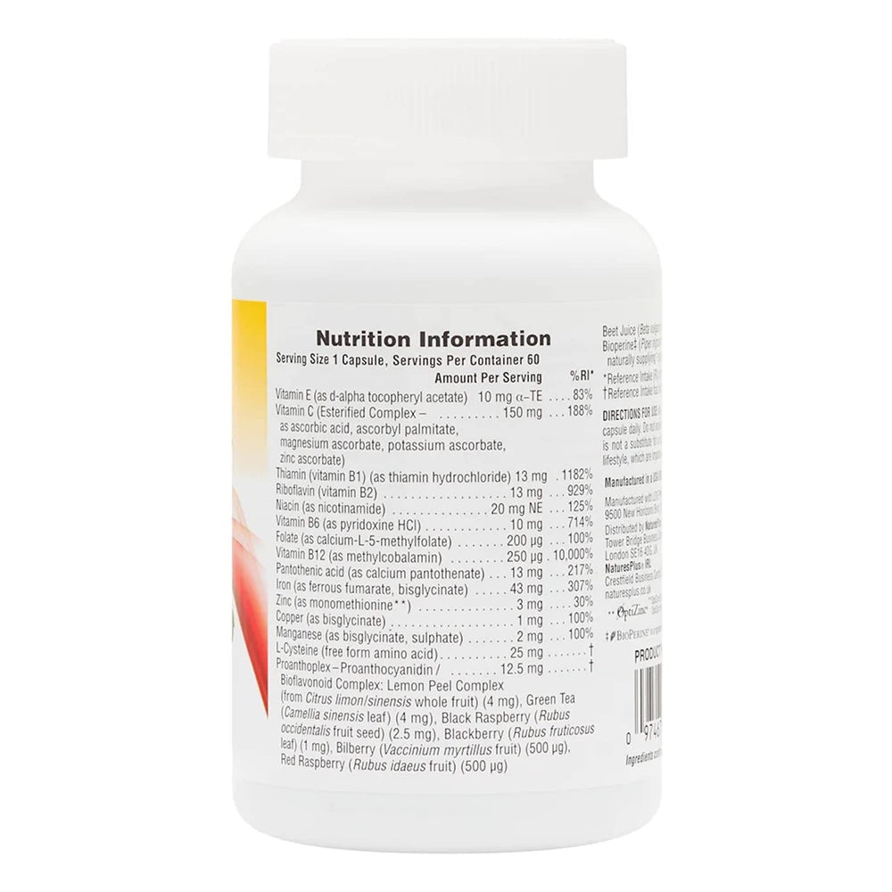 Close-up of NaturesPlus Hema-Plex Iron capsules, easy-to-swallow daily supplement.