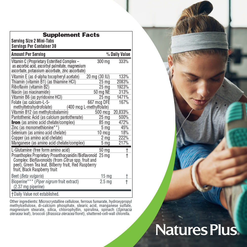 NaturesPlus Hema-Plex Iron cofactors graphic highlights vitamin C and bioflavonoids.