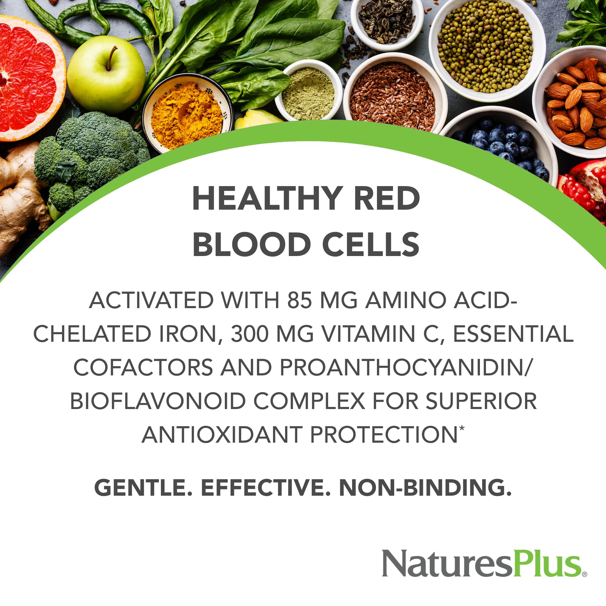 Close-up of NaturesPlus Hema-Plex Iron softgels for quick absorption