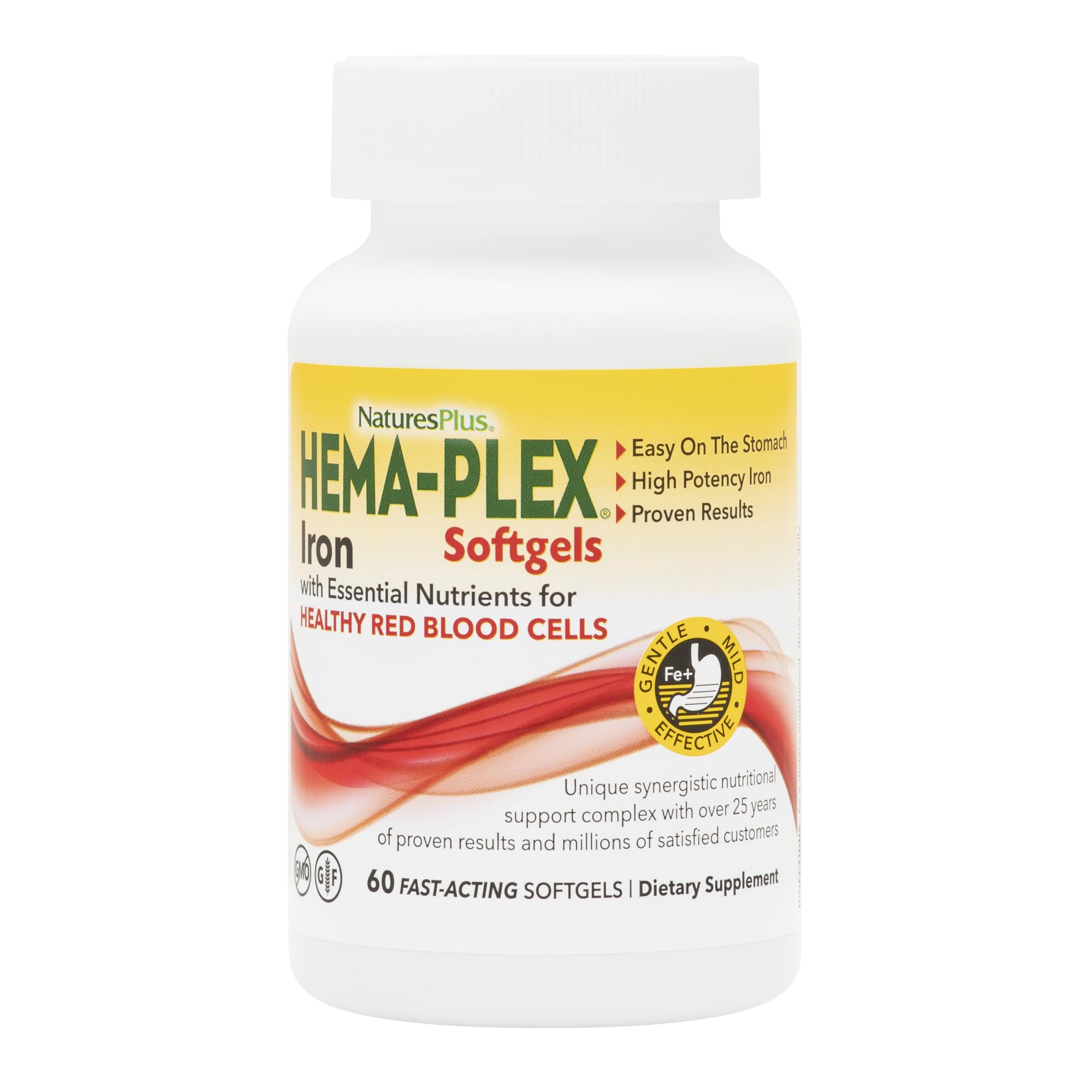 NaturesPlus Hema-Plex Iron softgels bottle showing convenient daily iron support