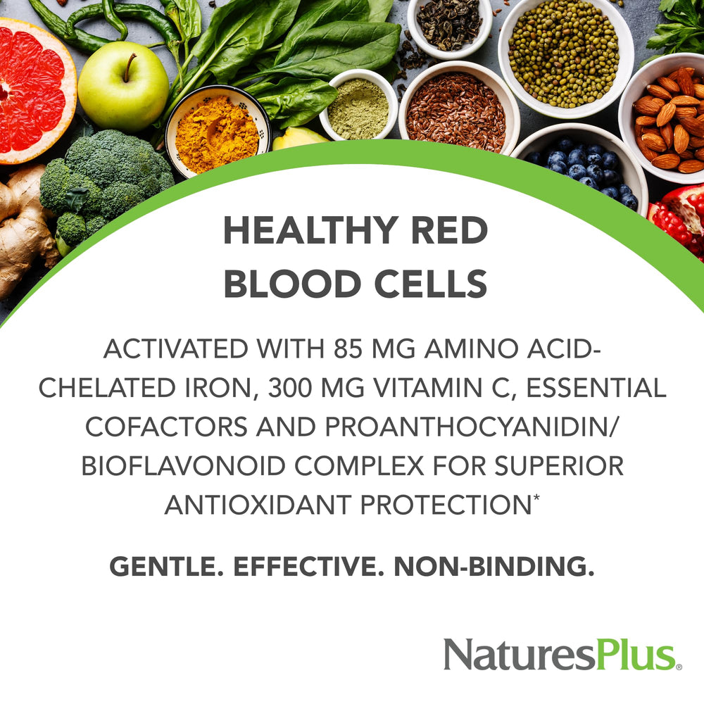NaturesPlus Hema-Plex Iron bottle back lists cofactors for absorption