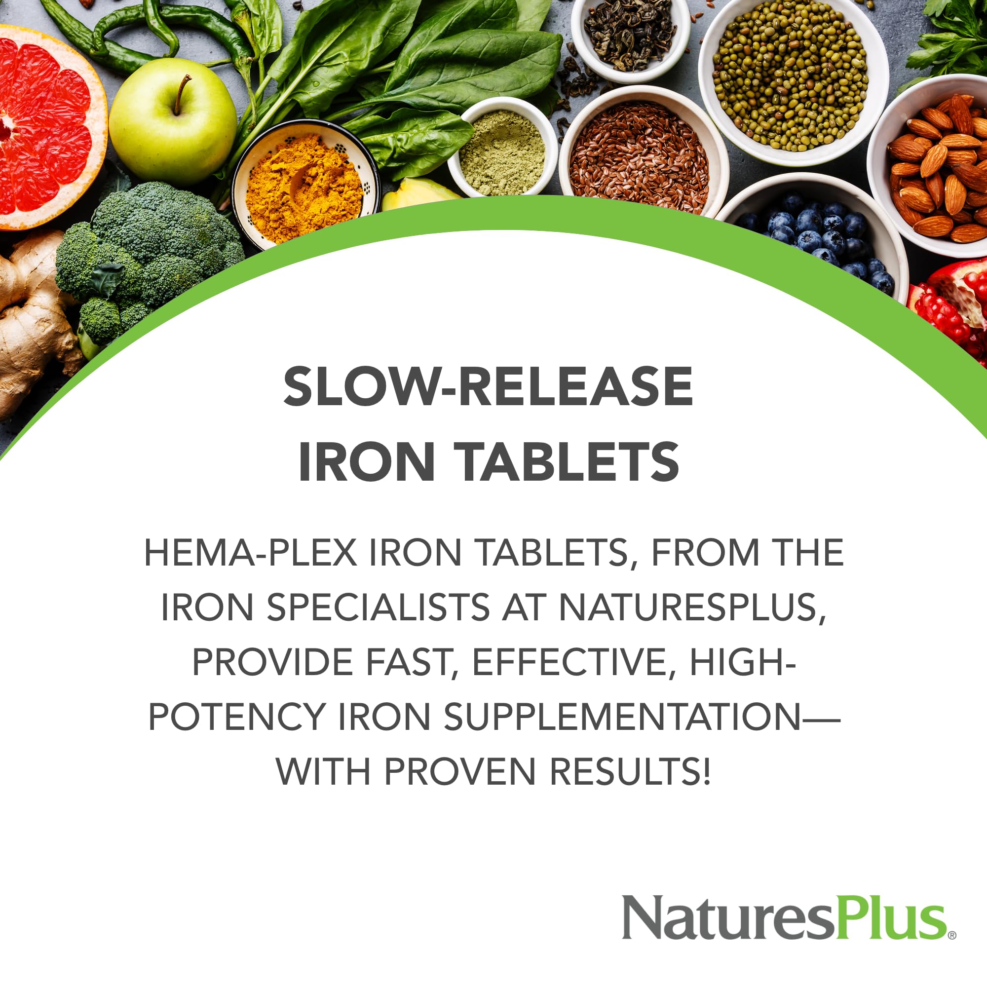 Close-up of NaturesPlus Hema-Plex Iron tablets highlighting texture and coating