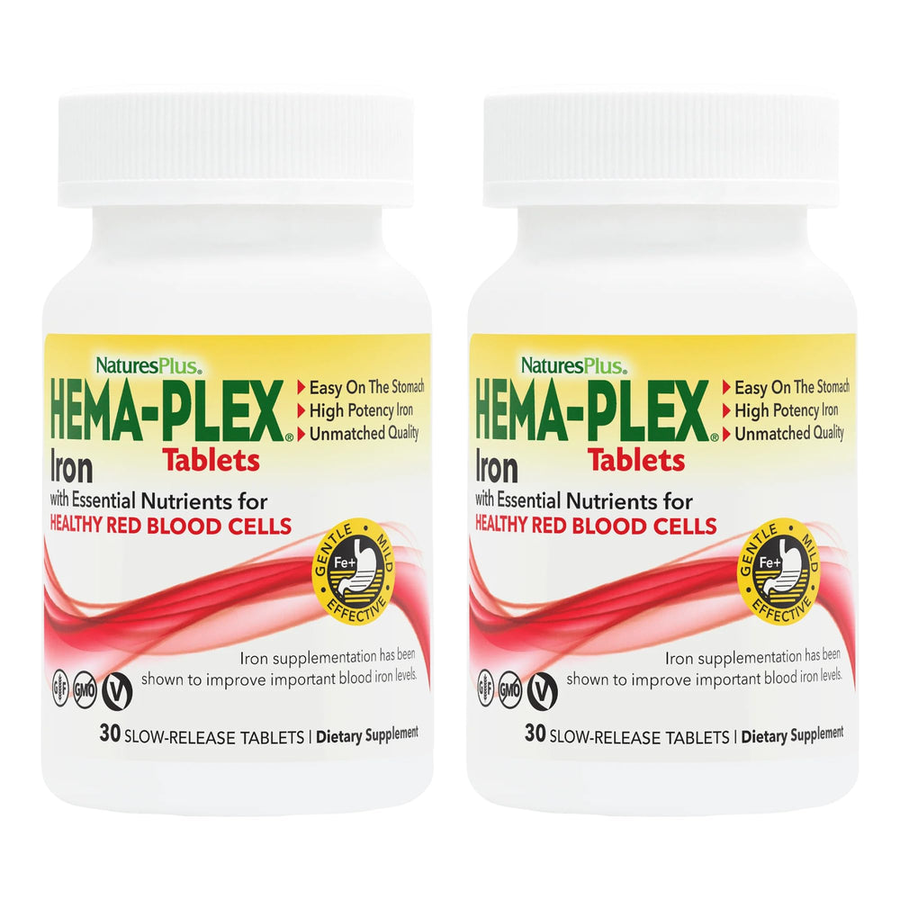 NaturesPlus Hema-Plex Iron tablets bottle, showcasing slow-release design for steady daily support.