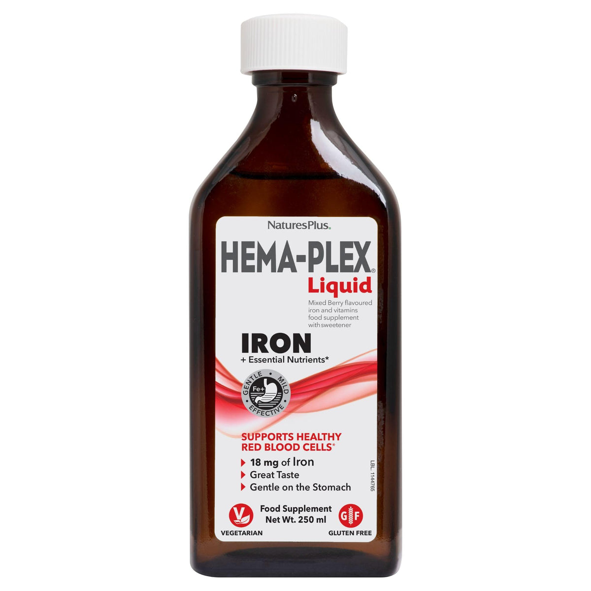 NaturesPlus Hema-Plex liquid iron bottle shown with berry flavor, highlighting easy daily use