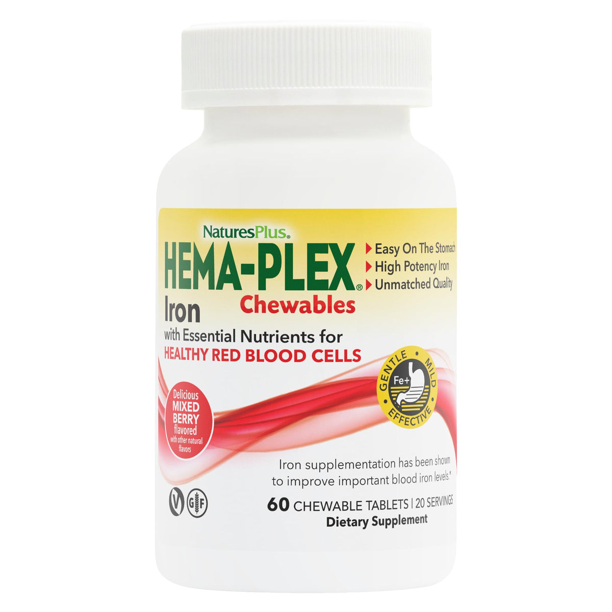 NaturesPlus Hema-Plex Iron bottle front, vegan and gluten-free daily iron support.