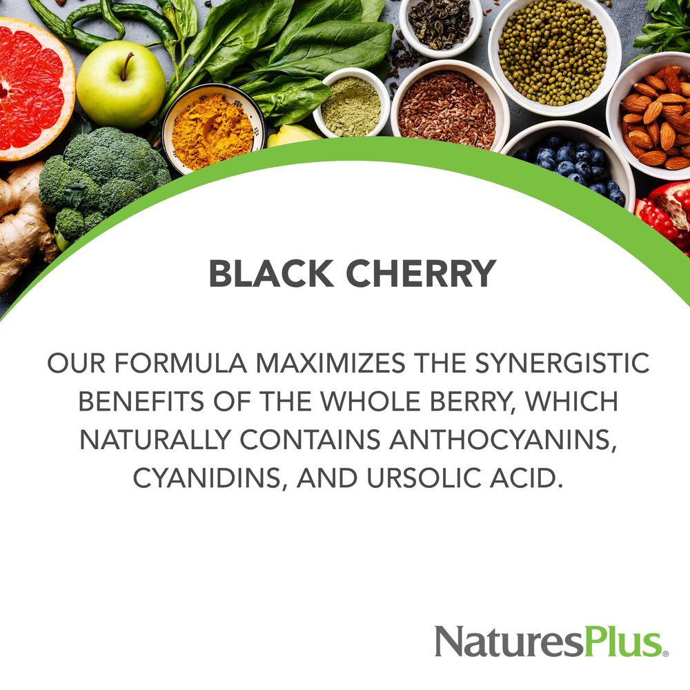 Close-up of NaturesPlus Herbal Actives Black Cherry ingredients highlighting active botanicals