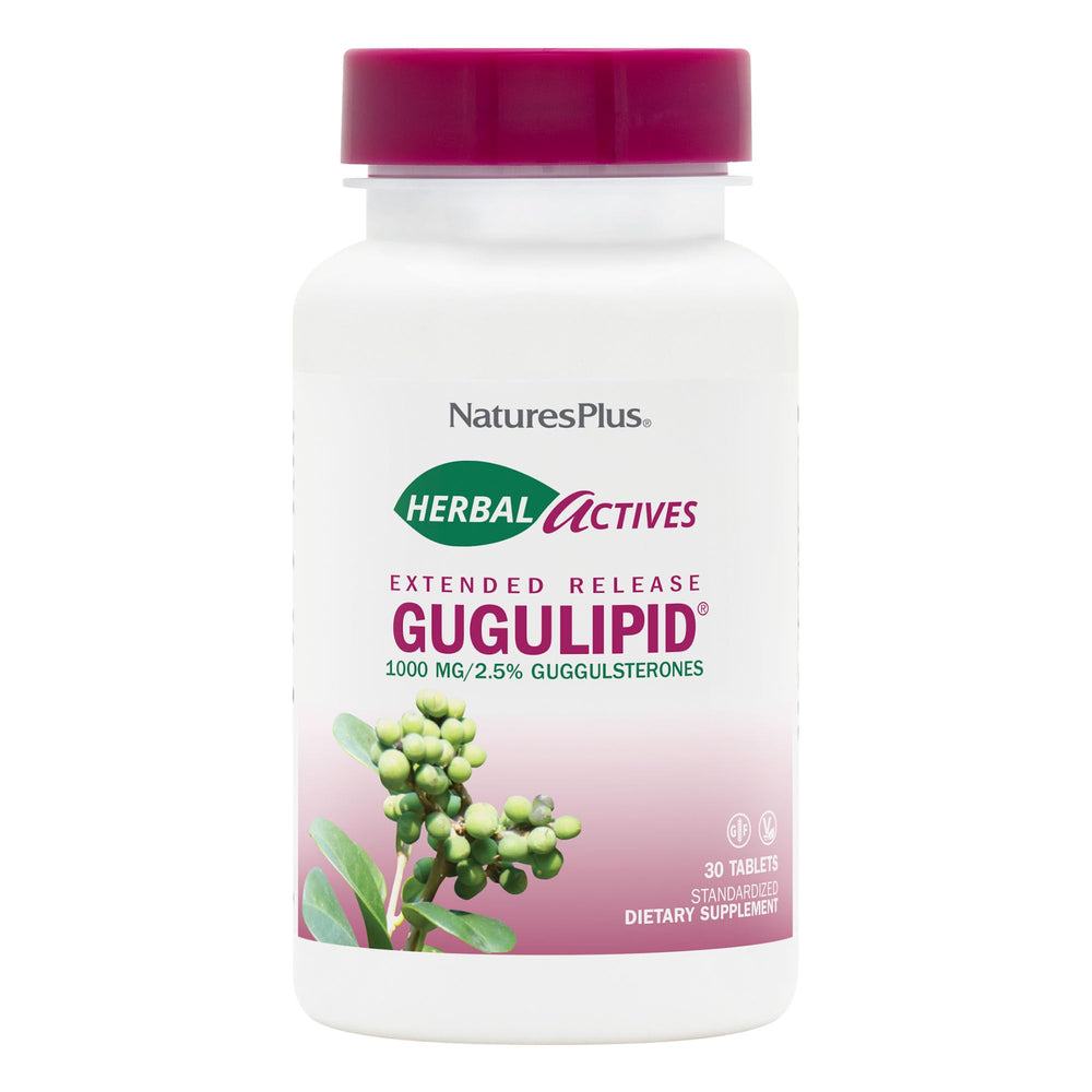 NaturesPlus Herbal Actives Gugulipid extended-release bottle showing daily, steady delivery.