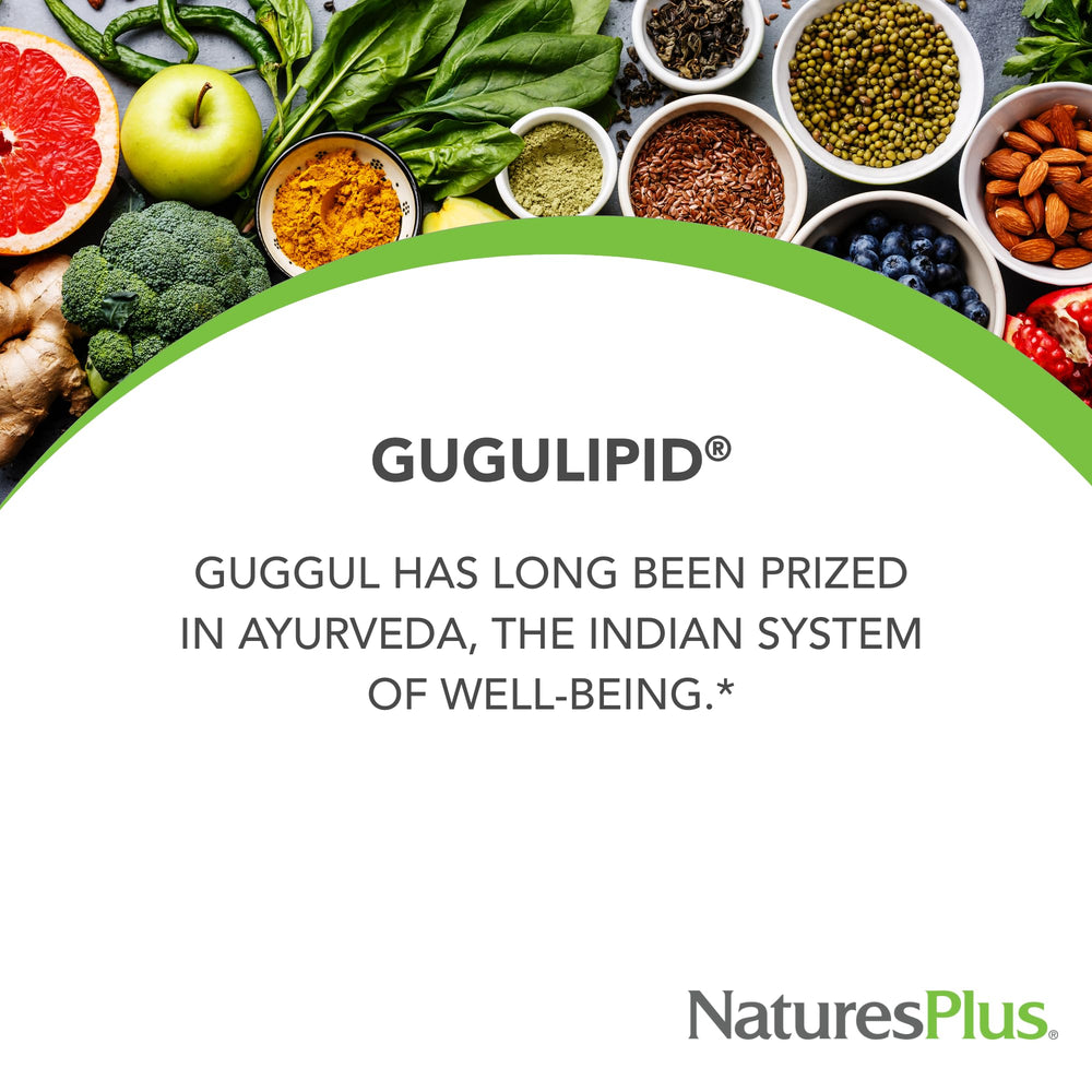 NaturesPlus Herbal Actives Gugulipid label emphasizes vegan, gluten-free purity.