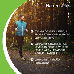 NaturesPlus Gugulipid packaging box on shelf signals quality manufacturing and compliance.
