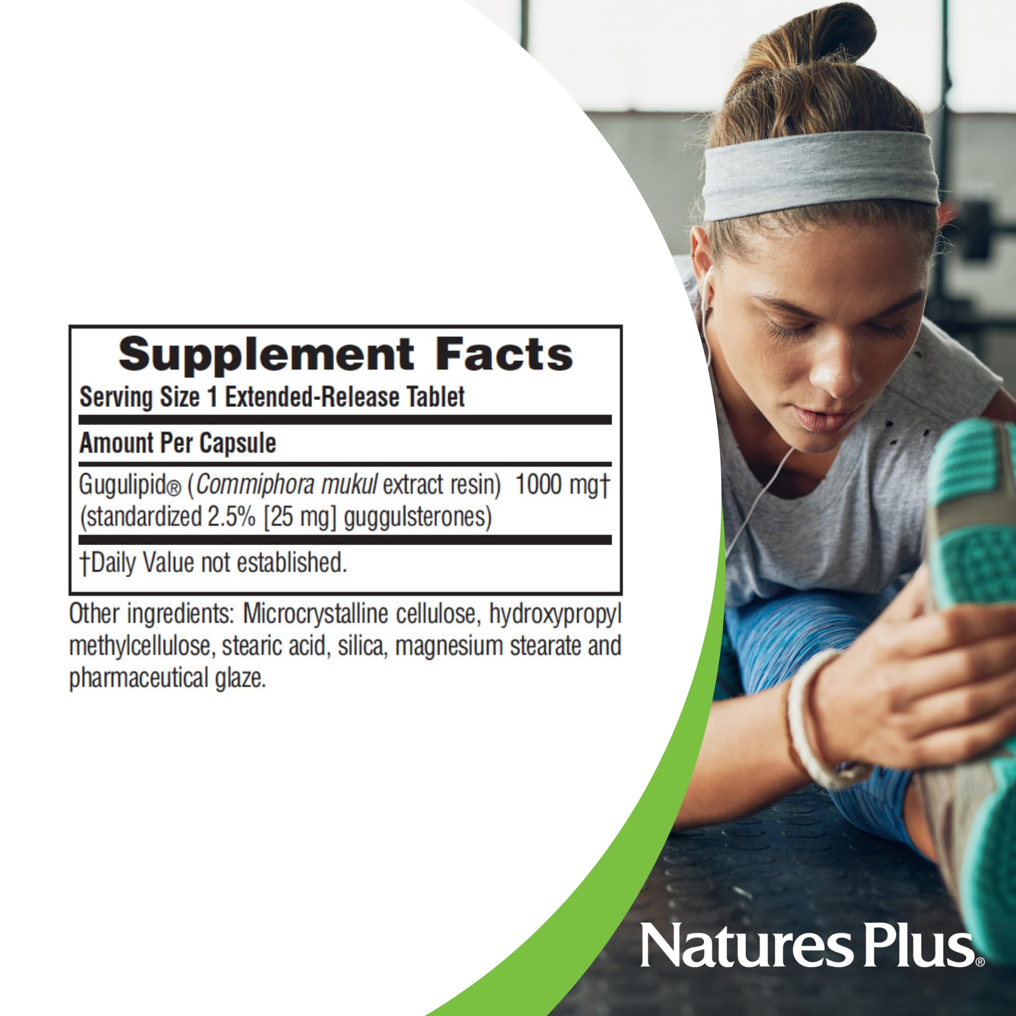 NaturesPlus Gugulipid vegan tablets illustrate allergen-free, vegetarian formula.