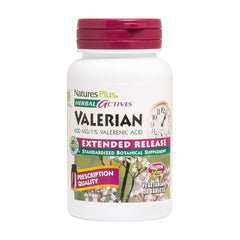 NaturesPlus Herbal Actives Valerian 600mg extended-release tablets bottle for nighttime relaxation.