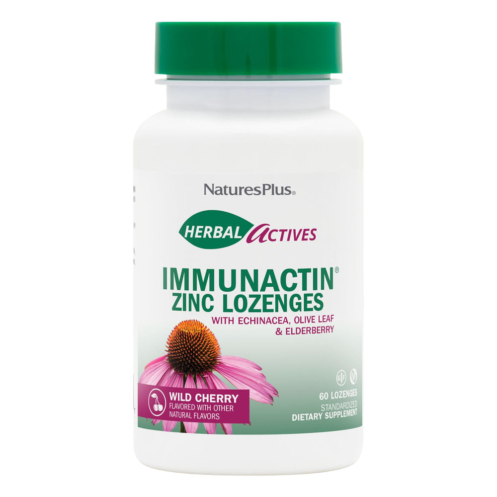 NaturesPlus ImmunActin lozenges bottle front showing wild cherry flavor and vegan zinc blend