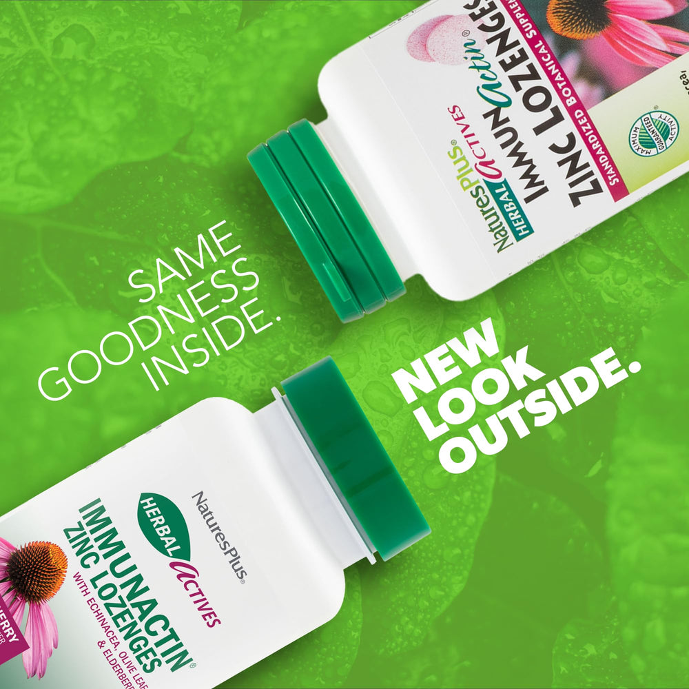 NaturesPlus ImmunActin lozenges bottle label highlighting zinc and botanicals