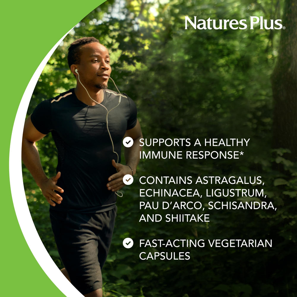 Bottle and glass with NaturesPlus Immune Action suggesting daily wellness rituals