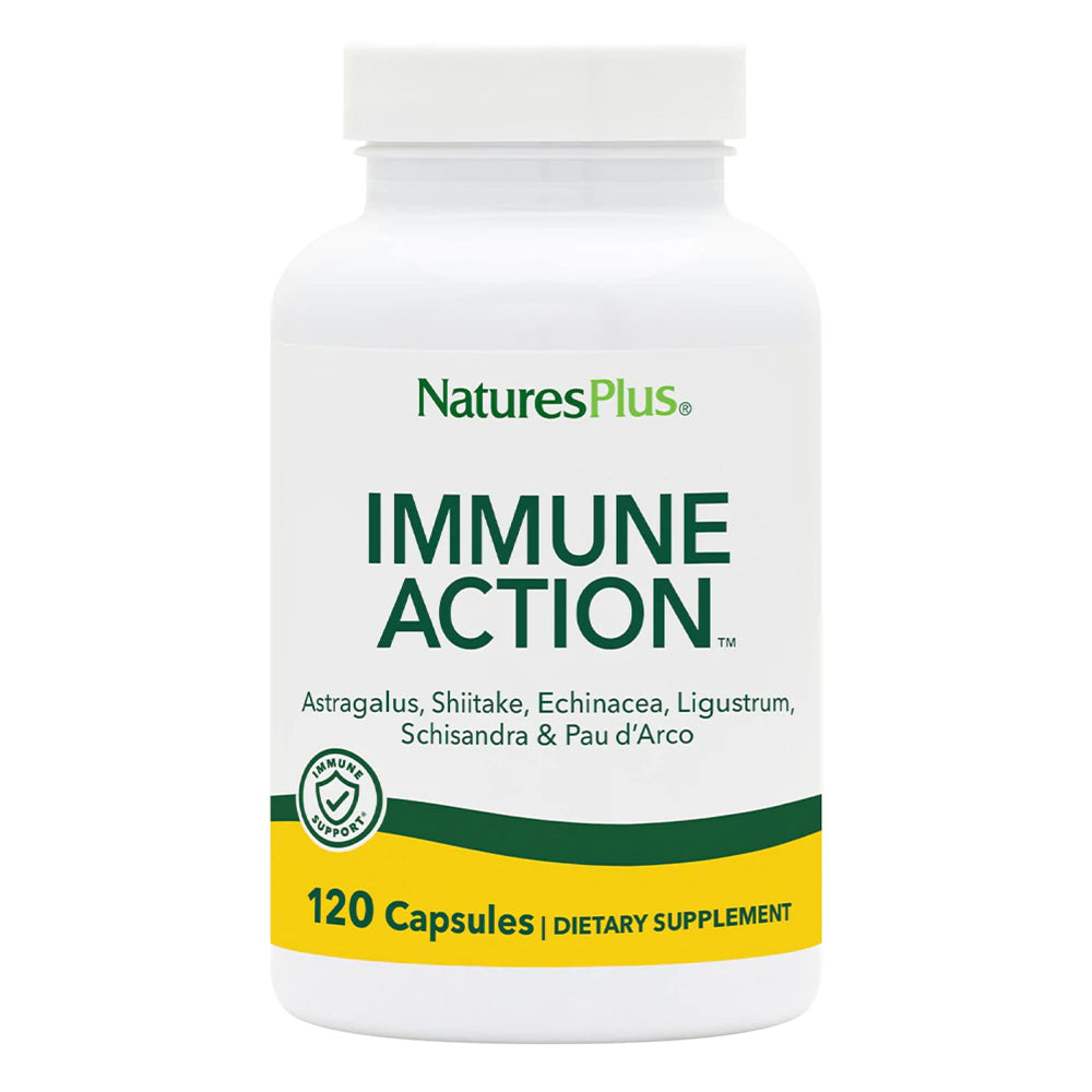 NaturesPlus Immune Action bottle front view featuring vegan capsules for daily immune support