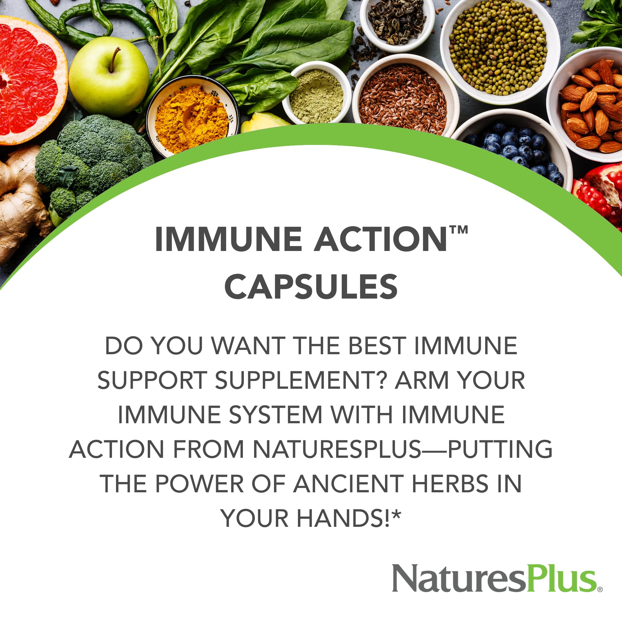 NaturesPlus Immune Action label close-up showing vegan and gluten-free features