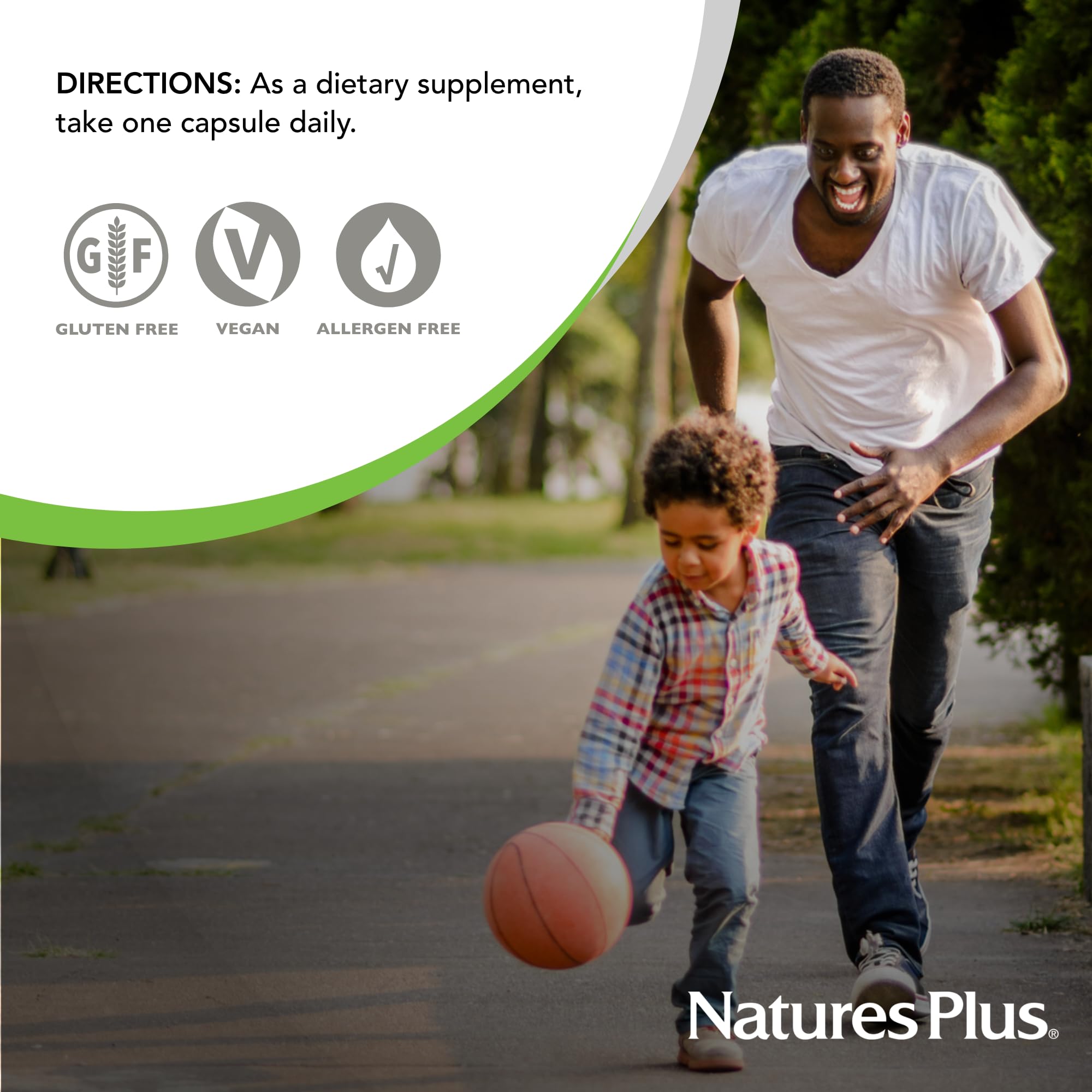 NaturesPlus Immune Action vegan and gluten-free badge highlighting dietary compatibility
