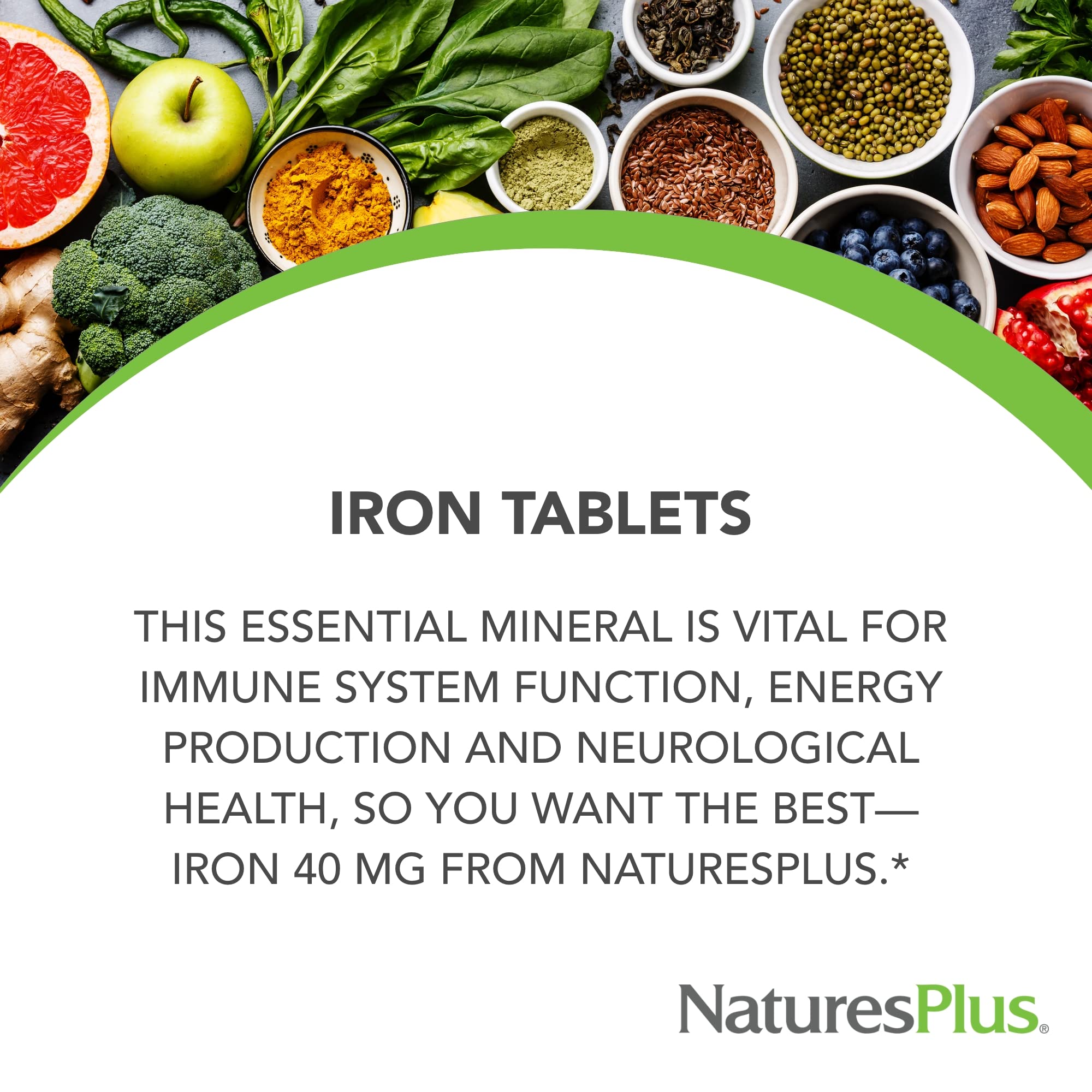 NaturesPlus Iron bottle close-up showing dosage and label