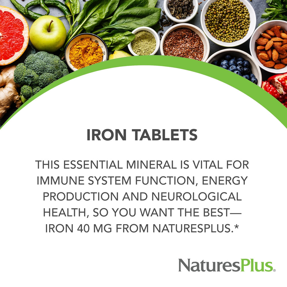 NaturesPlus Iron bottle close-up showing dosage and label