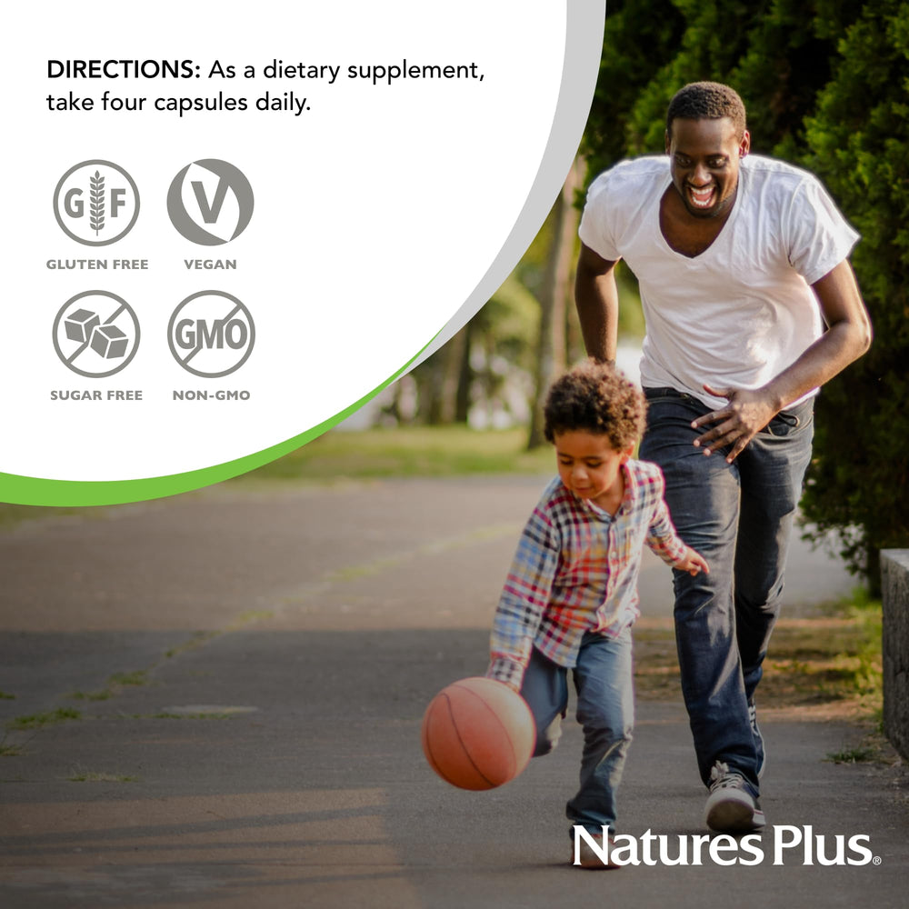 NaturesPlus KalmAssure bottle shows gluten-free, non-GMO, vegan formulation.