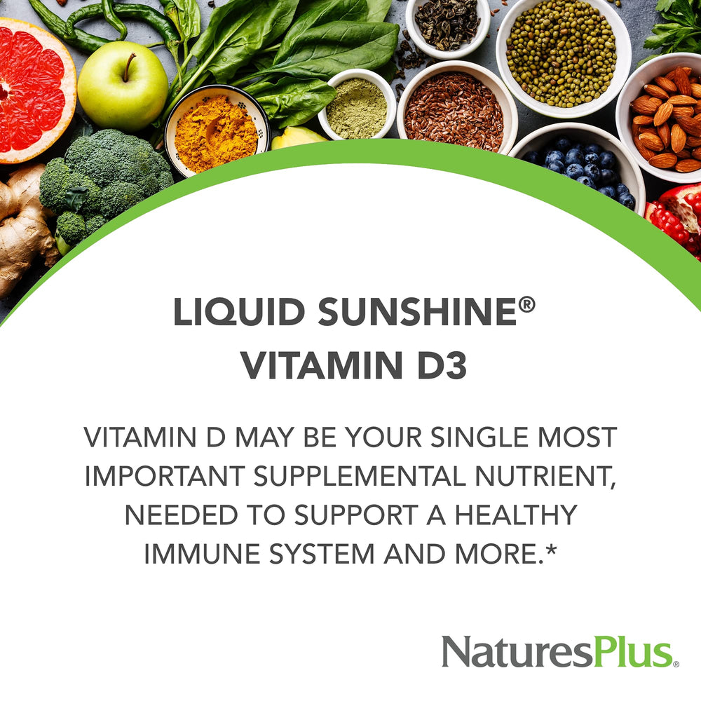 NaturesPlus Liquid Sunshine D3 pour action illustrates convenient serving.