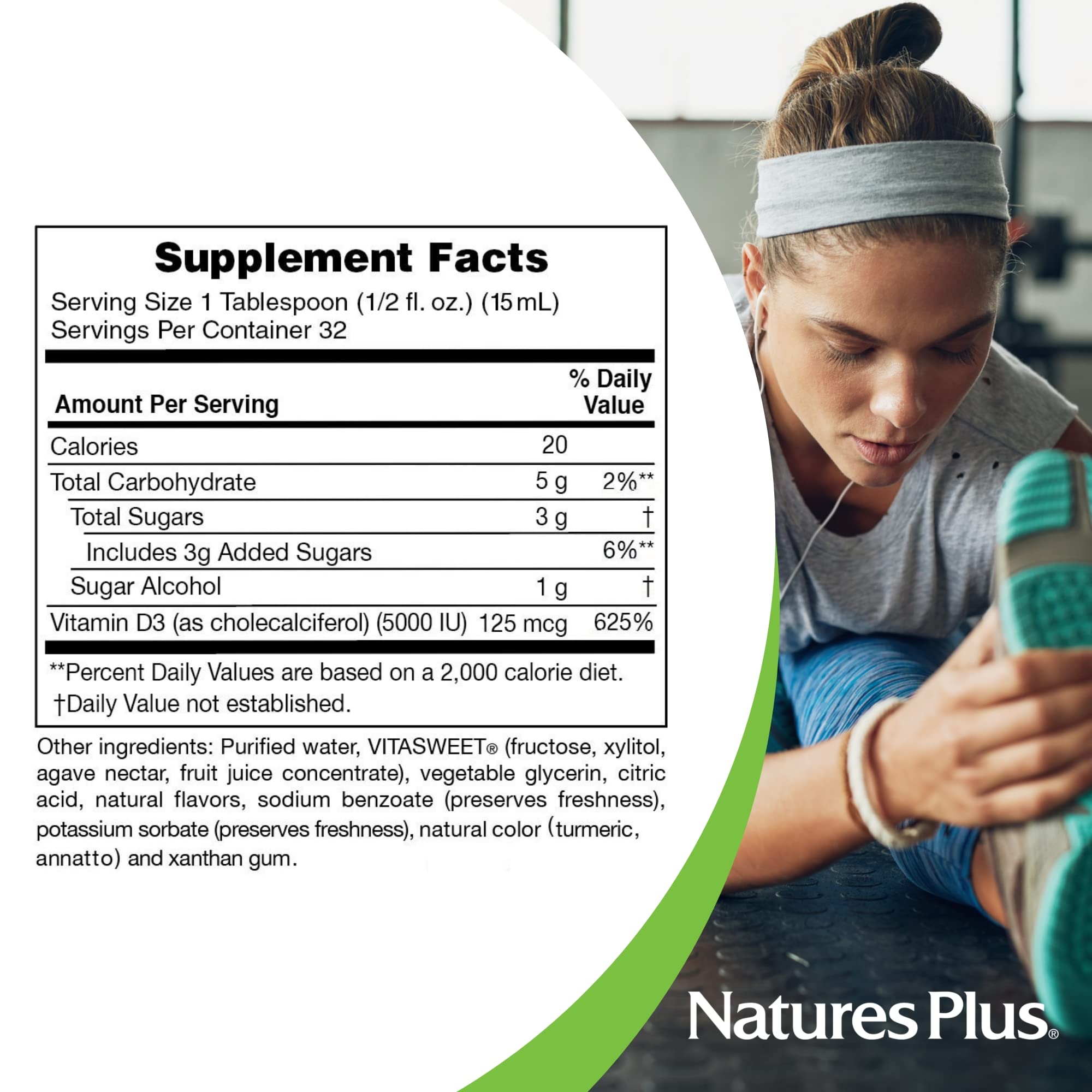 NaturesPlus Liquid Sunshine D3 tropical citrus bottle emphasizes refreshing flavor appeal.