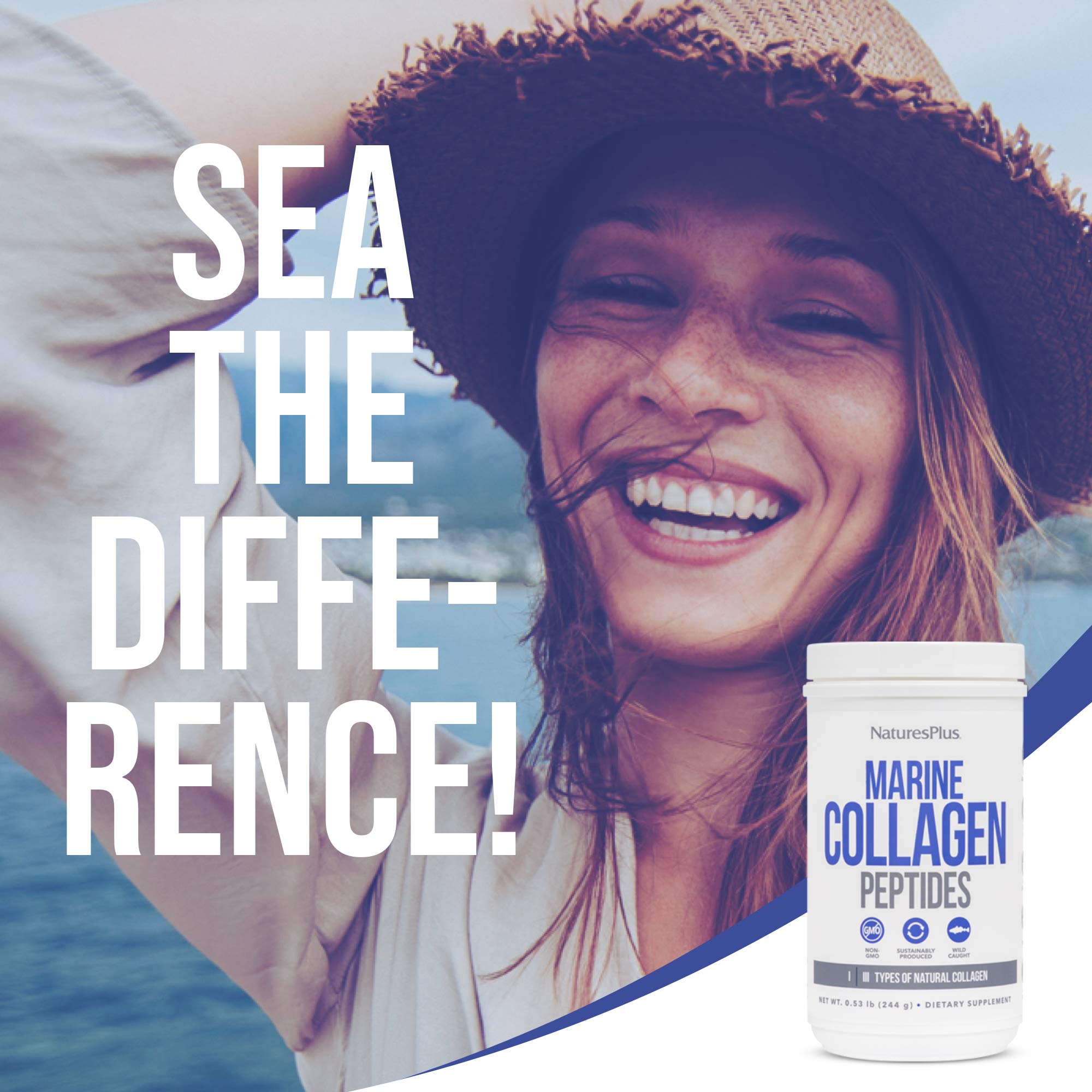 Nature'sPlus Marine Collagen Peptides label closeup highlighting sustainable sourcing