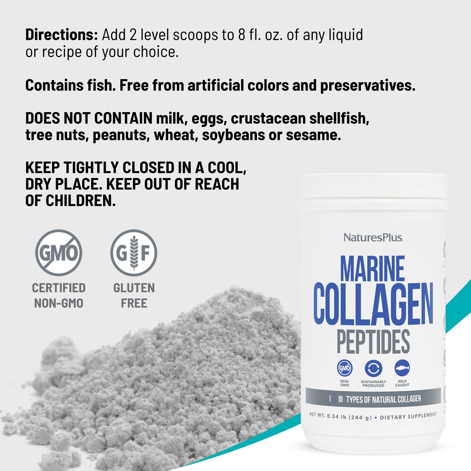 Nature'sPlus Marine Collagen Peptides scoop dispensing for easy portions