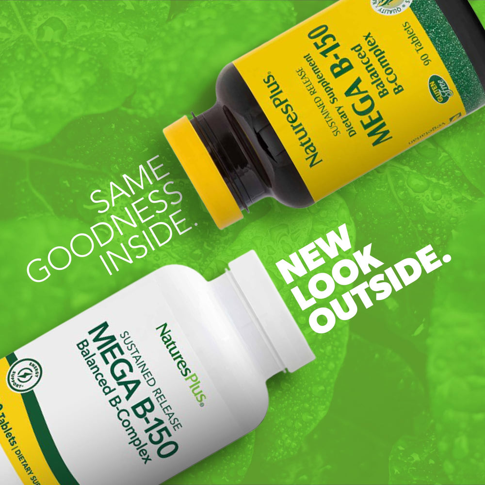 Close-up of NaturesPlus Mega B-150 Complex tablets, vegetarian formulation supporting energy