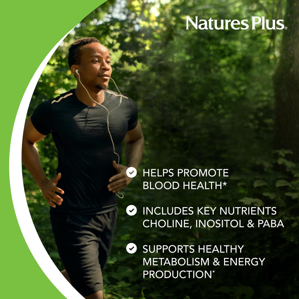 NaturesPlus Mega B-150 label close-up highlighting gluten-free and hypoallergenic formula