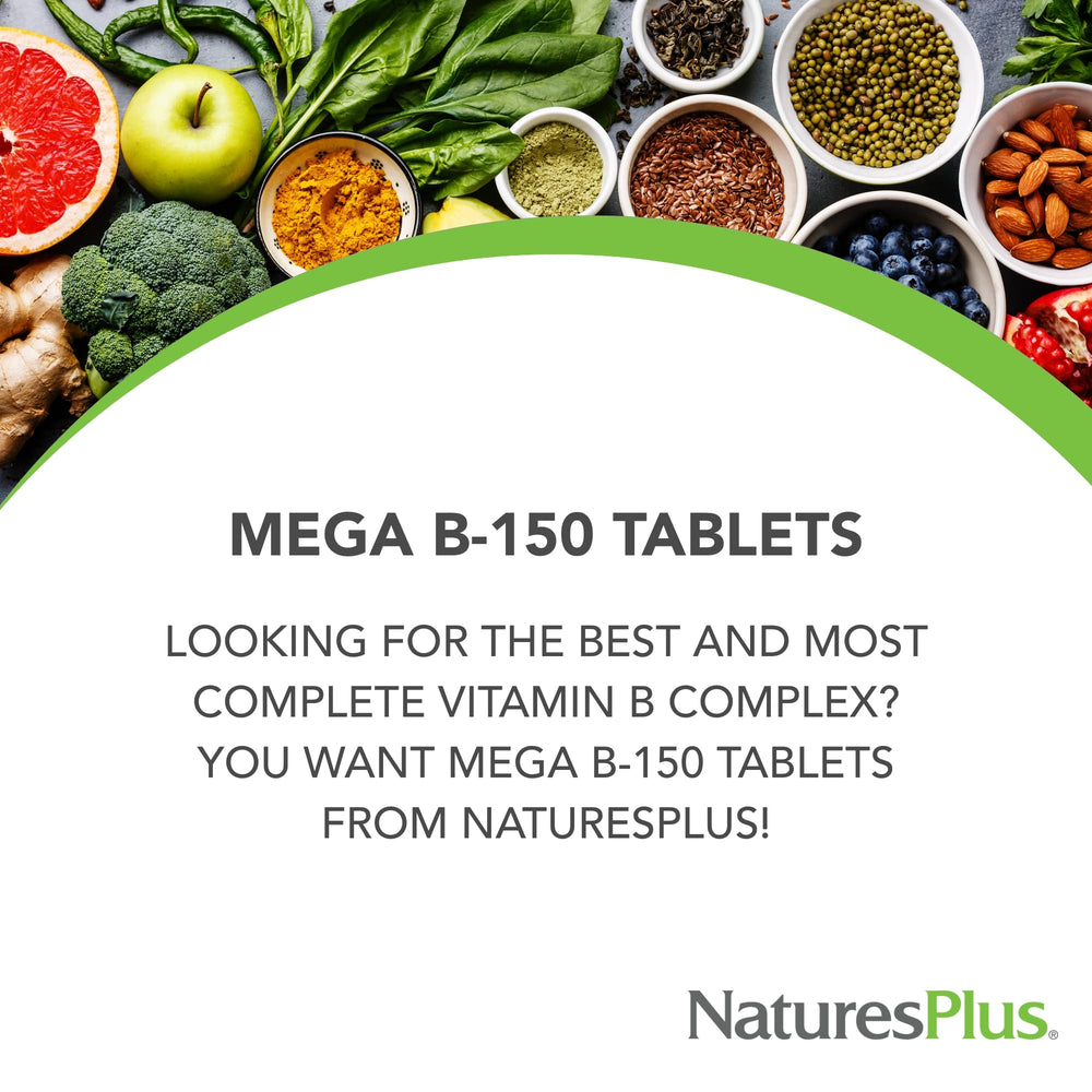 NaturesPlus Mega B-150 tablets close-up showing small vegetarian pills