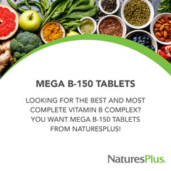 NaturesPlus Mega B-150 tablets close-up showing small vegetarian pills