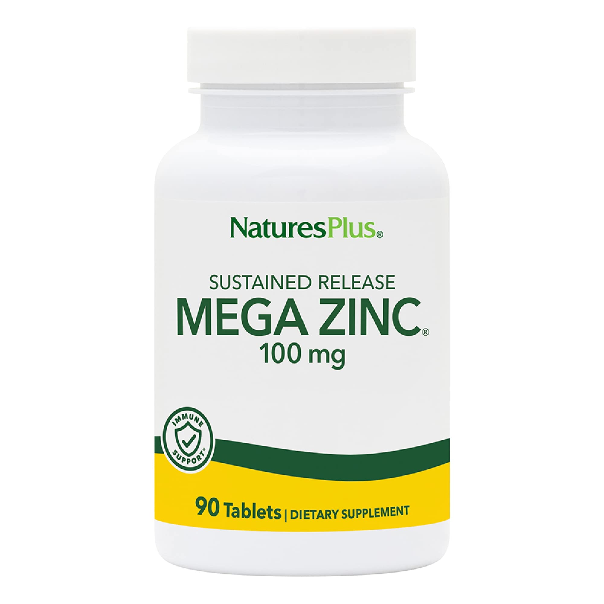 NaturesPlus Mega Zinc 100 mg tablets in bottle, high potency daily supplement.