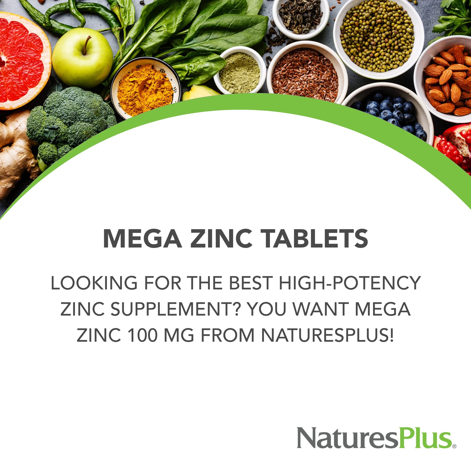 Front view of NaturesPlus Mega Zinc bottle with gluten-free and vegetarian labels.