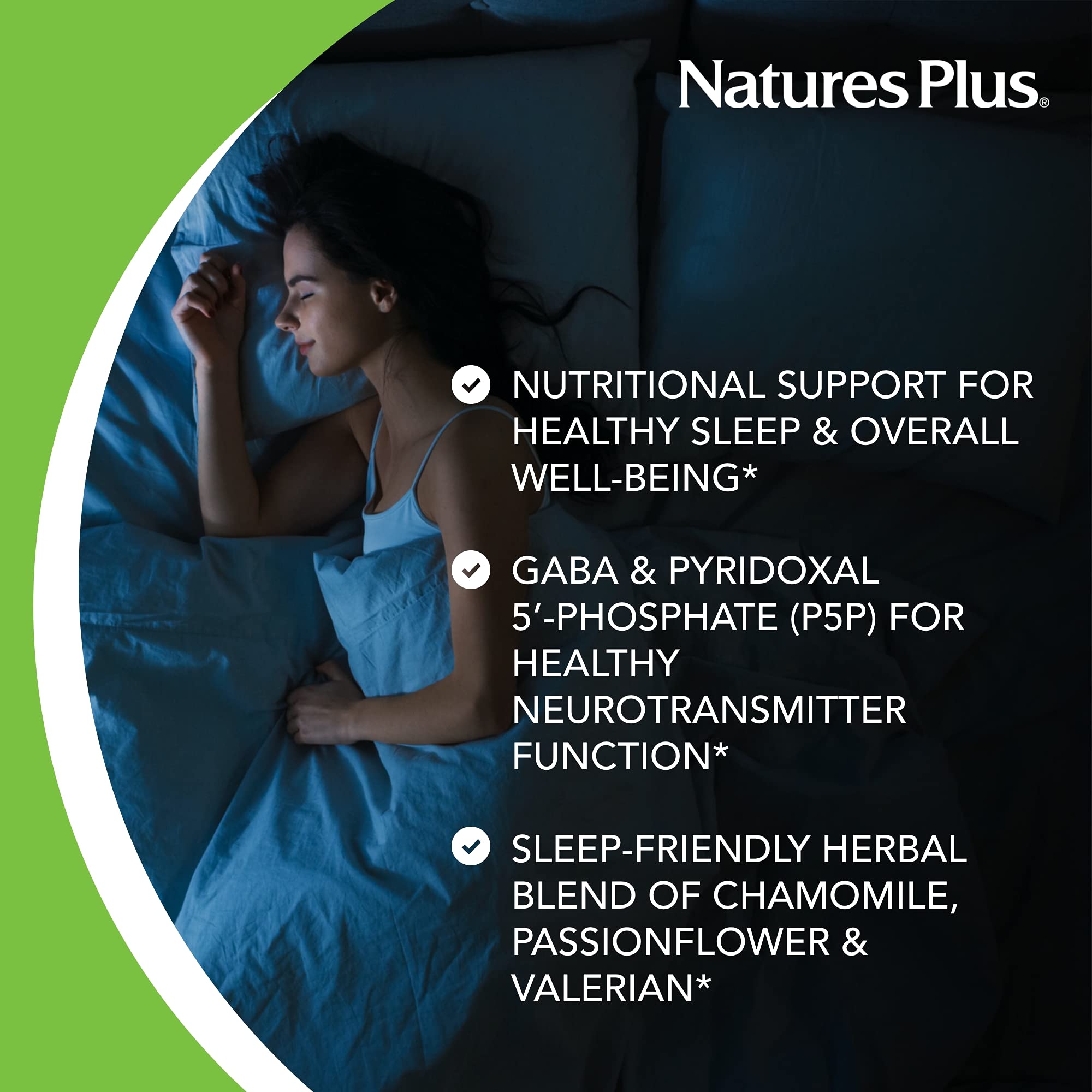 NaturesPlus 3 mg melatonin bilayer tablet close up highlighting chamomile blend