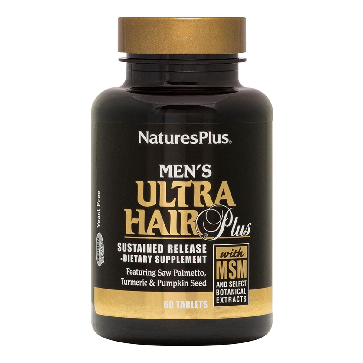 NaturesPlus Men's Ultra Hair Plus bottle close-up shows steady nourishment.