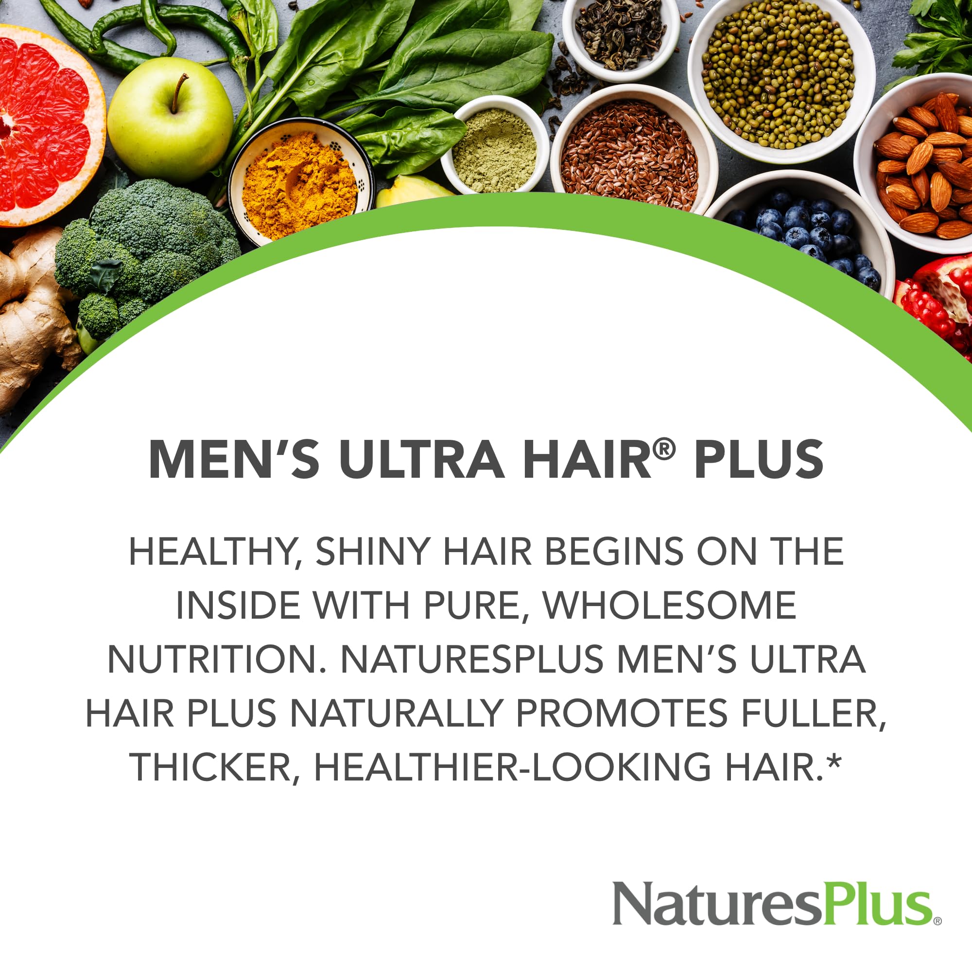 NaturesPlus Men's Ultra Hair Plus label detail communicates sustained release.