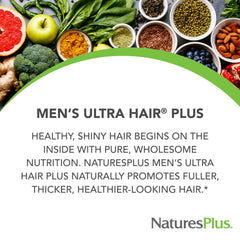 NaturesPlus Men's Ultra Hair Plus label detail communicates sustained release.