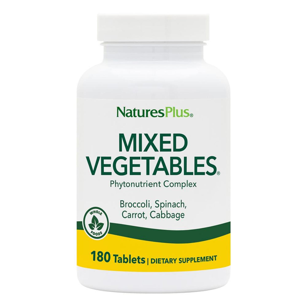 NaturesPlus Mixed Vegetables bottle front showing a 1300 mg daily greens blend